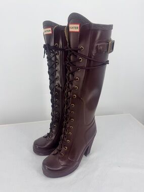 Hunter Tall Lace Up Heeled Rain Boots Brown Waterproof Buckle Size 5